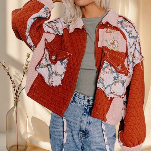 POL Jackets & Blazers - POL Quilted Burgundy Floral Patchwork Jacket
